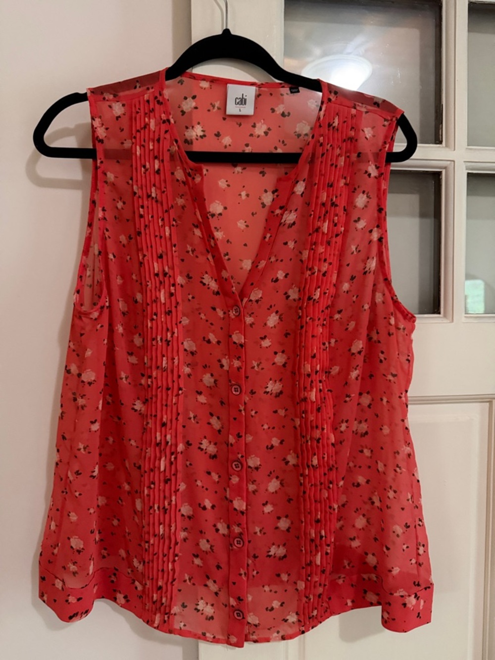 CAbi Coral Pink Floral Sleeveless Pintuck Button Blouse